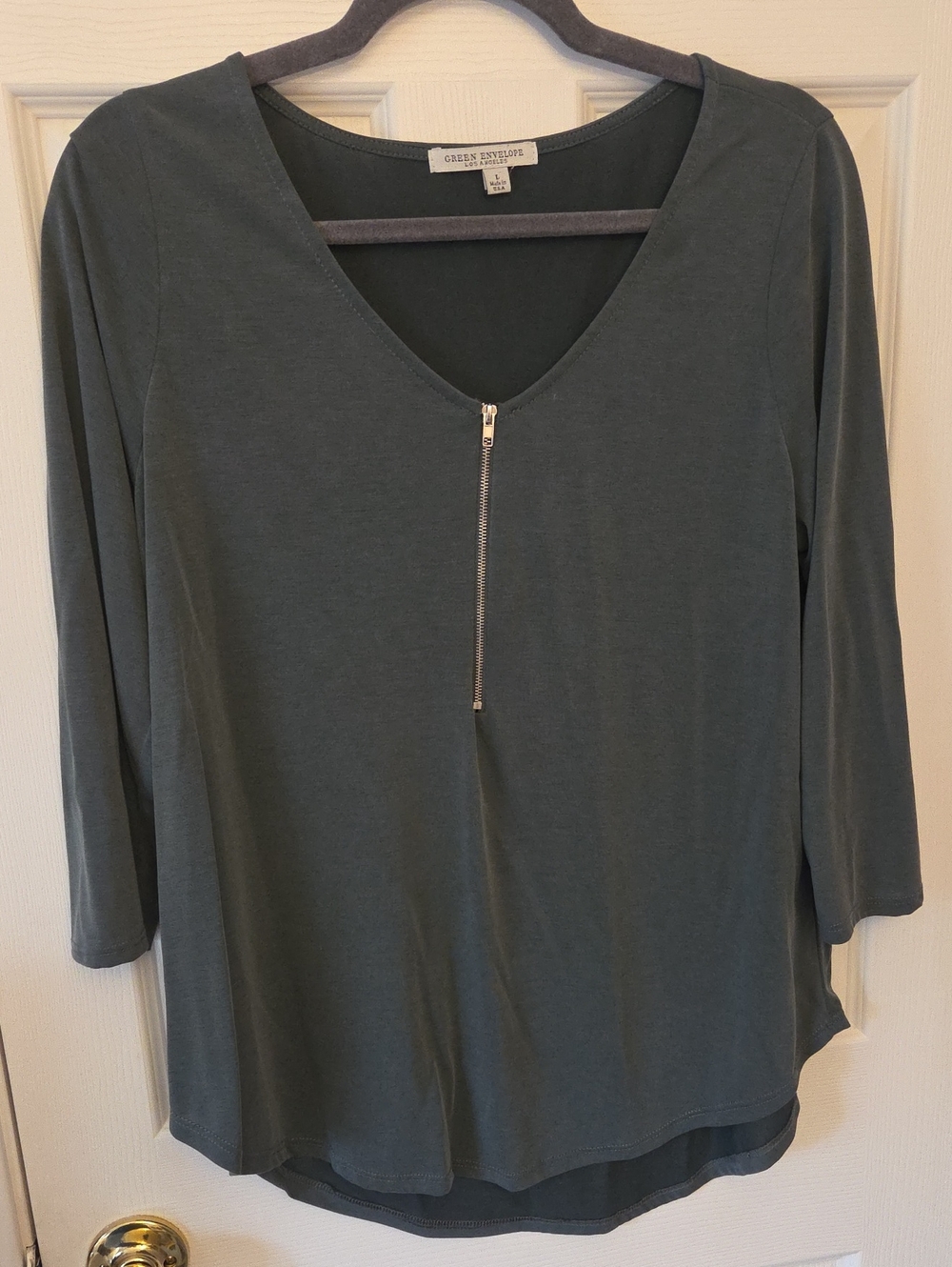 Green Envelope Slate Green V-Neck Zip-Front Long Sleeve Top